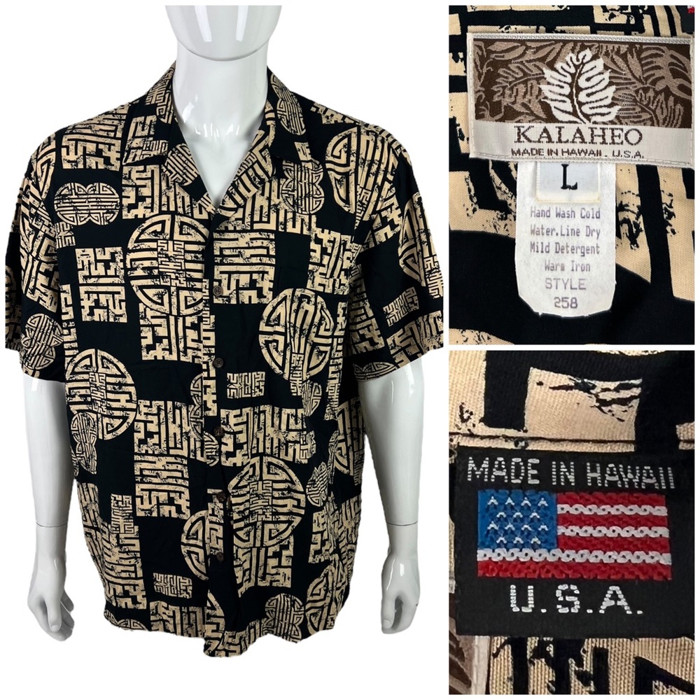 Kalaheo Mens Large Good Luck Symbols Rayon Shirt Made In USA Hawaii All Over